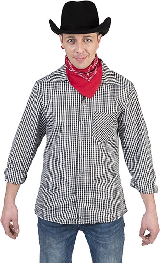 Cowboy & Cowgirl Kostuum | Zwart Wit Ruitjes Shirt Cowboy Hank Man | Maat 60-62 | Bierfeest | Verkleedkleding