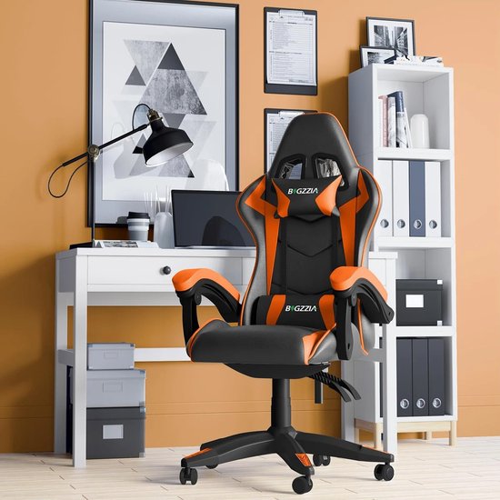 Apollo - Gamestoel/Gaming chair - PC stoel - 1D armleuning - met rug- en nekkussen - verstelbare rugleuning 90° - 135° - Zwart