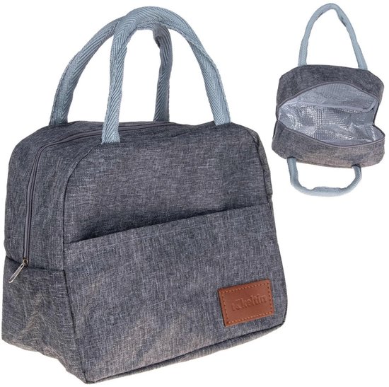 Grijze lunchtas met lichtblauwe hengsels en een voorvak. Rechts een kleinere afbeelding van de tas, open.