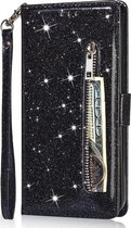 Portemonnee Hoesje - Wallet Case - Rits Sparkly Glitter - Telefoonhoes met Kord Geschikt voor: Samsung Galaxy S22 Ultra - Zwart