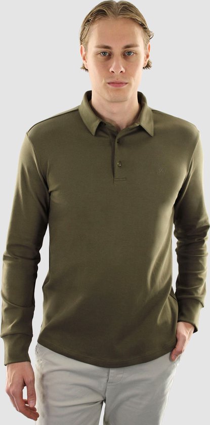 Vercate - Heren Polo Lange Mouw - Strijkvrij Poloshirt - Groen Bruin - Olive - Slim Fit - Excellent Katoen - Maat L
