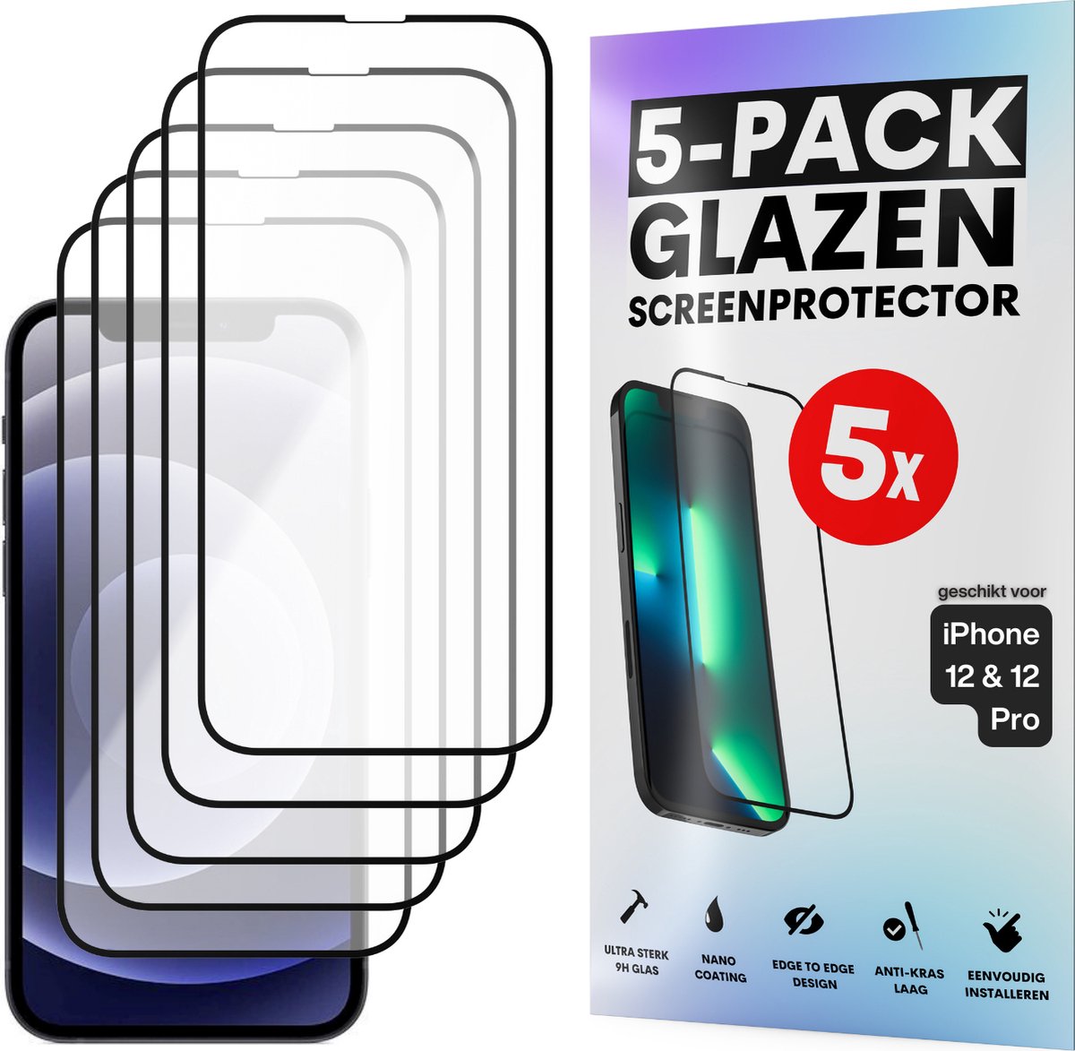 Screenprotector - Geschikt voor iPhone 12 / 12 Pro - Gehard Glas - Full Cover Tempered Glass - Case Friendly - 5 Pack
