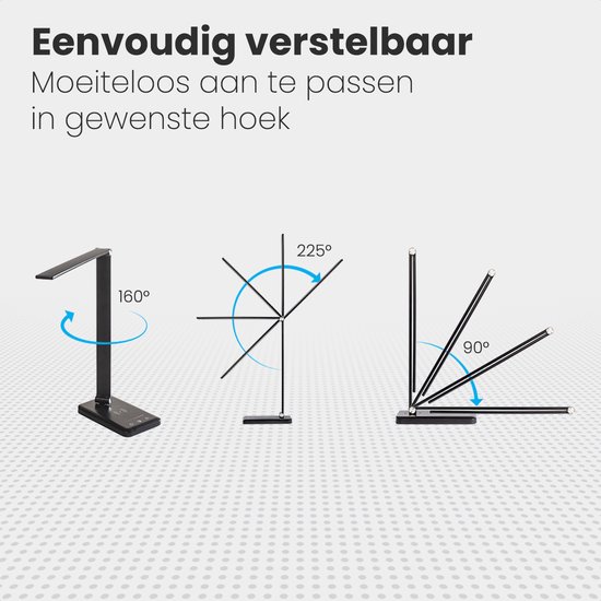 Illustratie die de verstelbaarheid van de Auronic bureaulamp toont in graden: 160°, 225° en 90°.