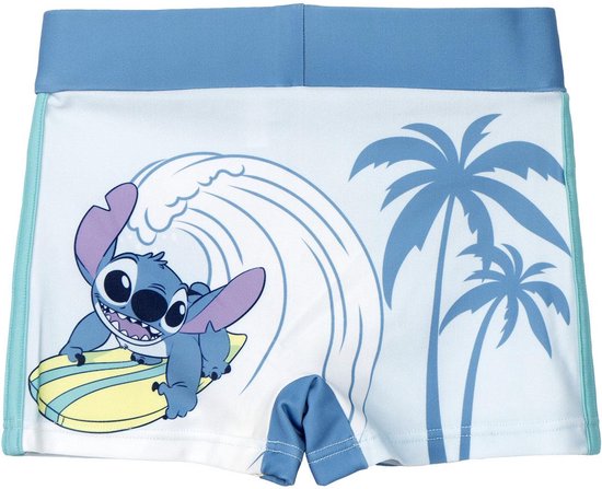 Wit met Stitch op een surfplank, palmbomen en een golf. Lichtblauwe tailleband.