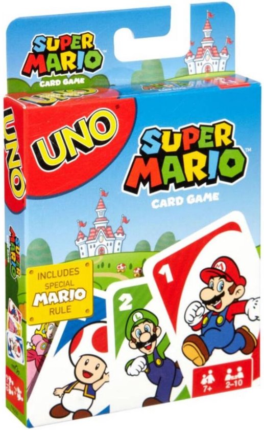 Doos UNO Super Mario met Mario, Luigi en Toad. Bevat speciale Mario-regel.