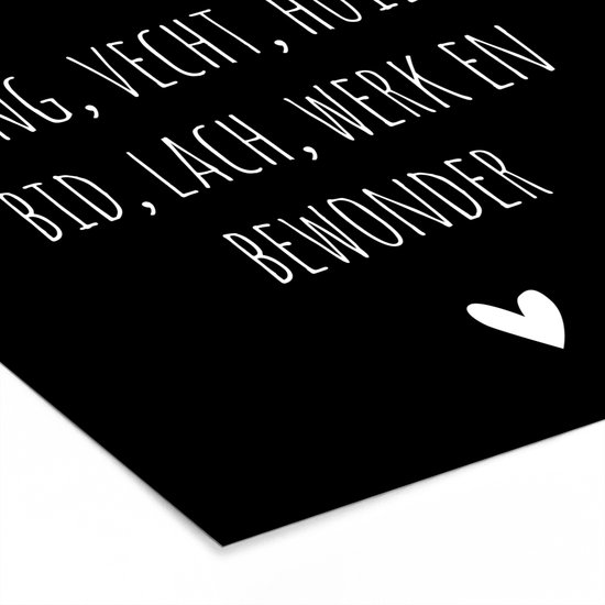 Affiche avec cadre Citation néerlandaise : 'Chantez, combattez, pleurez, priez, riez, travaillez et admirez' sur fond noir - 40x40 cm