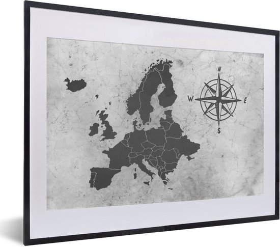 Fotolijst incl. Poster Zwart Wit- Vintage Europakaart met grote windroos - zwart wit - 40x30 cm - Posterlijst