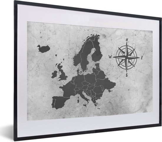 Cadre photo avec affiche Zwart et Wit- Carte d'Europe Vintage avec grande rose des vents - noir et blanc - 40x30 cm - Cadre pour affiche