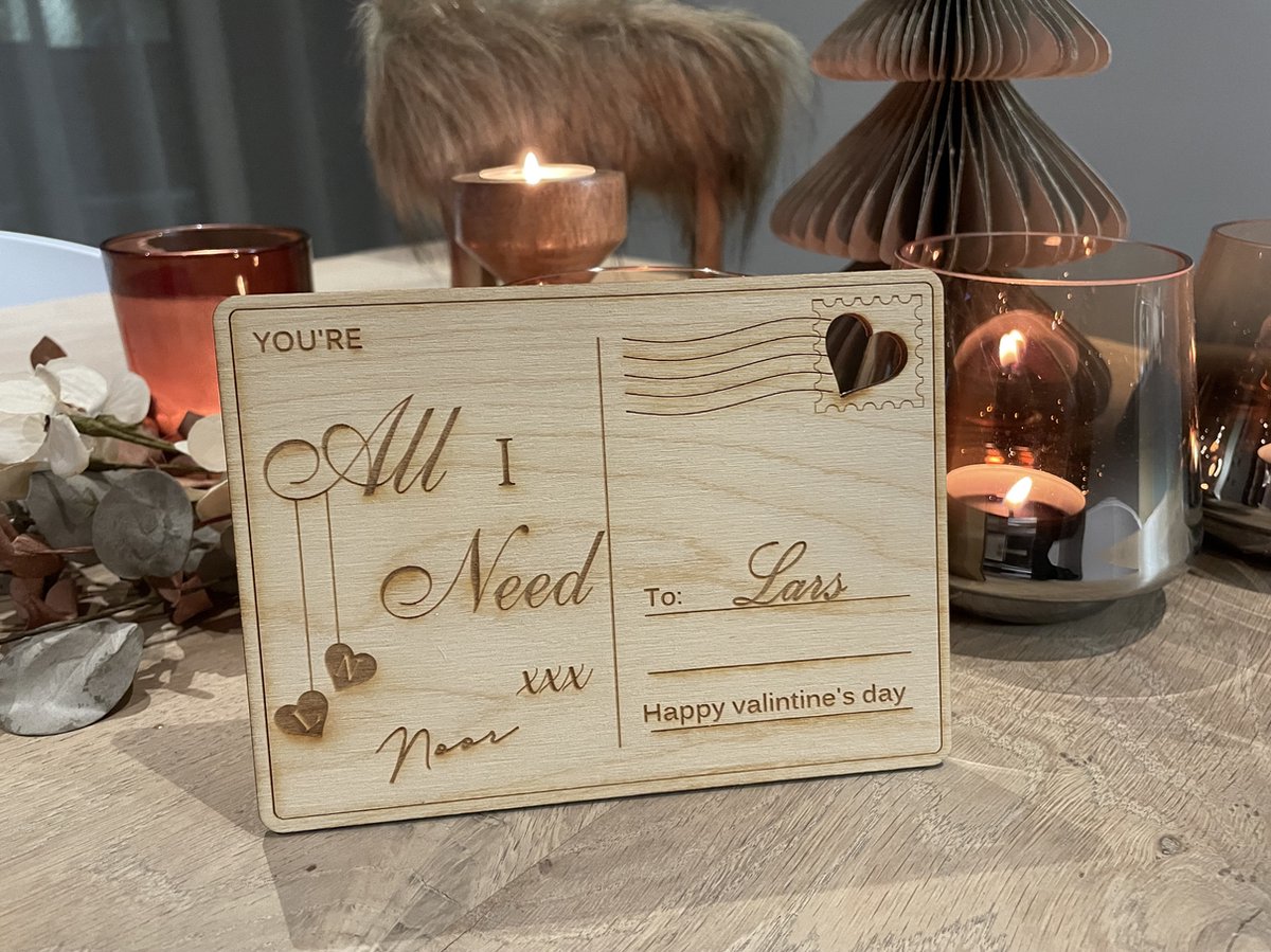 Houten valentijnskaart wenskaart gepersonaliseerde eigen tekst