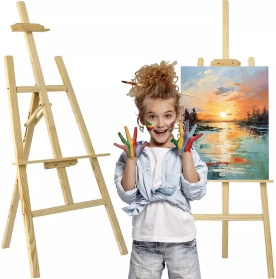 WOOD OK Schildersezel met hoogteverstelling, stabiel beukenhout, natuurlijk ecologisch hout, voor volwassenen en kinderen, verstelbaar/inklapbaar statief