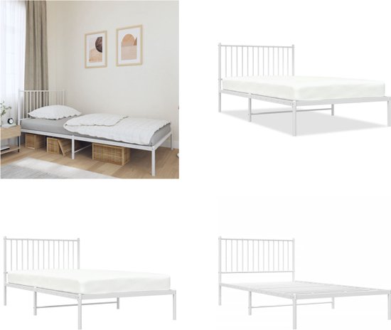 vidaXL Bedframe met hoofdbord metaal wit 107x203 cm - Bedframe - Bedframes - Eenpersoonsbed - Bed