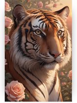 Tijger met rozen - Roos muurdecoratie - Schilderijen canvas tijger - Klassiek schilderijen - Canvas schilderijen - Schilderijen - 50 x 70 cm 18mm