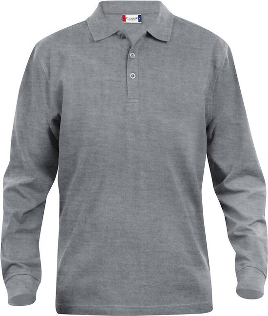 Grijze polo met lange mouwen en knoopsluiting.