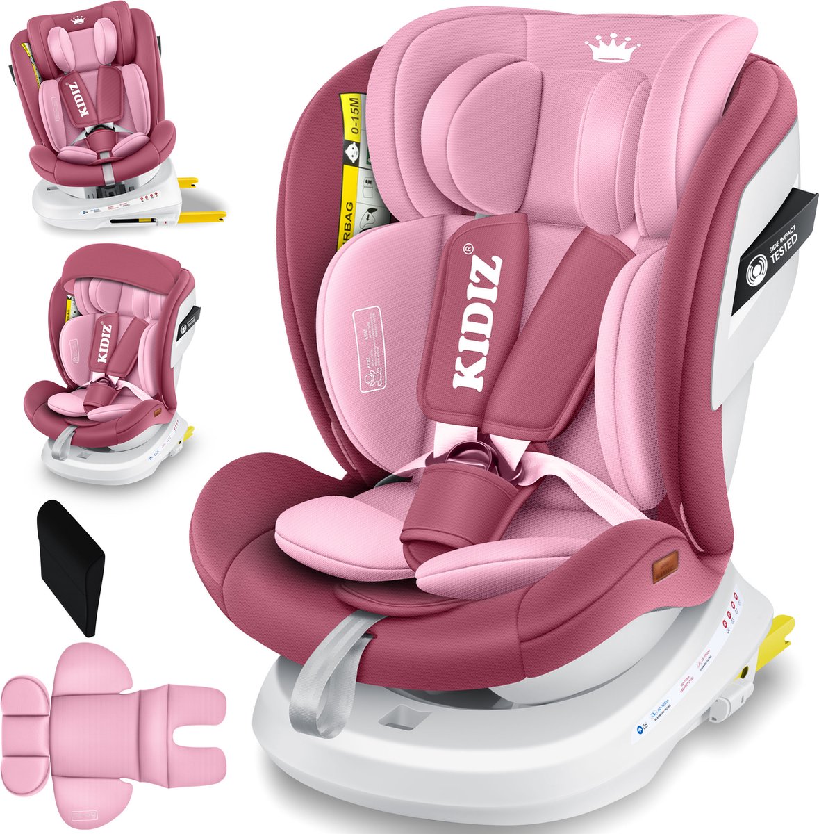 KIDIZ® Autostoeltje / Babyautostoeltje Isofix Top Tether 360° draaibaar Groep 0/1/2/3 vanaf de geboorte 0-36kg Met zonnekap Zijbescherming 5-puntsgordel Hoofdsteun Verstelling ECE R 129/03 - Roze