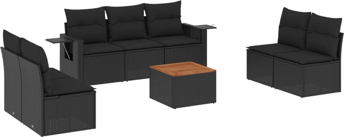 vidaXL 8-delige - Loungeset - met - kussens - poly - rattan - zwart