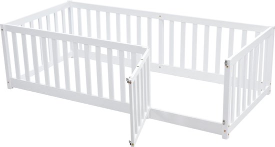 Merax Kinderbed 90x200 - Houten Bed voor Kinderen - Eenpersoonsbed met Omheining - Wit