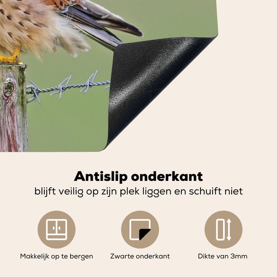 Antislip onderkant, makkelijk op te bergen, zwarte onderkant, dikte 3mm. Op de mat zit een afbeelding van een torenvalk op een paaltje met prikkeldraad.