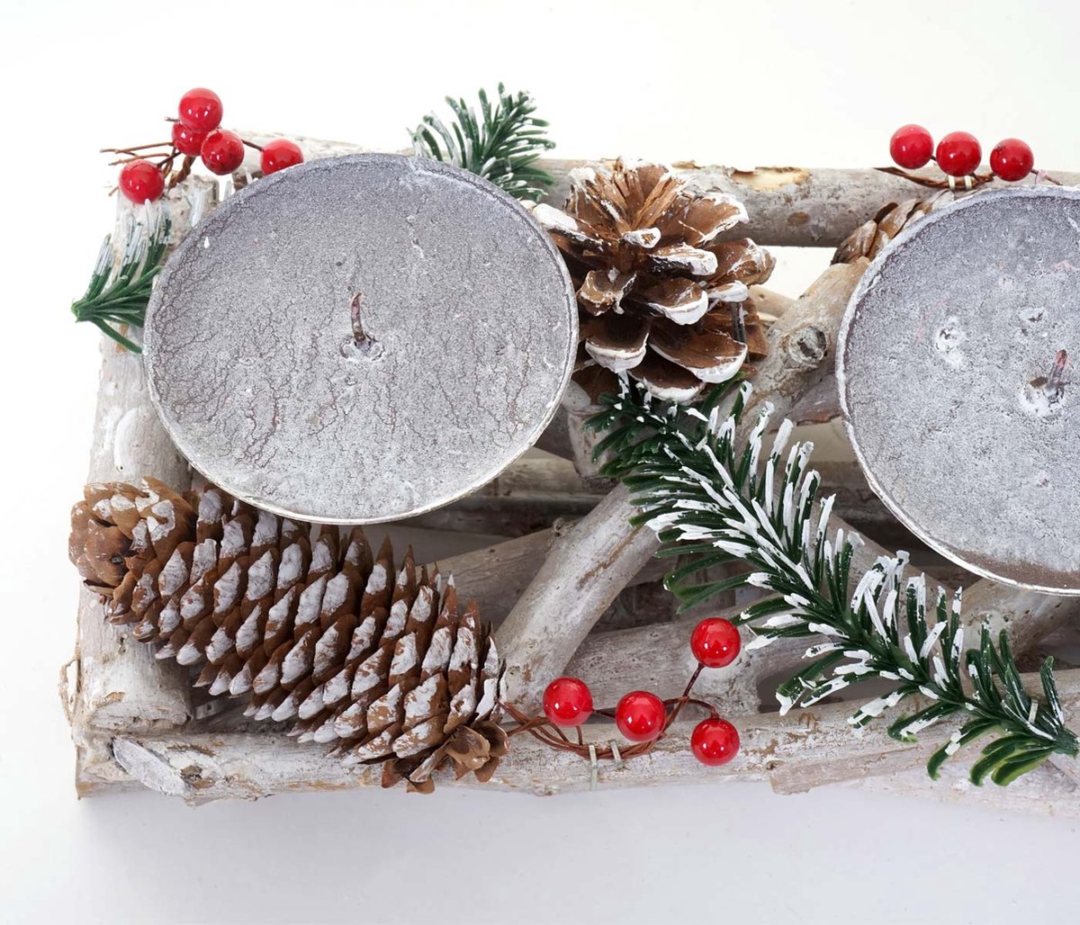 Adventskrans langwerpig, kerstdecoratie adventsarrangement, hout 11x15x50cm wit-grijs ~ met kaarsen, rood – foto 3