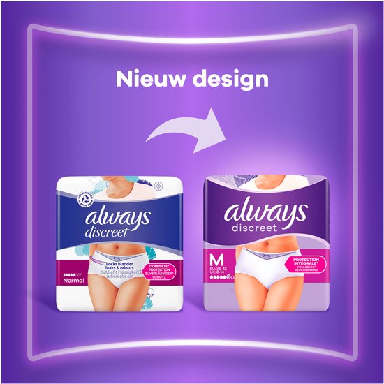 Always Discreet. Nieuw design: verpakking met oude en nieuwe opdruk. Broekjes maat M. "Bescherming en discretie".
