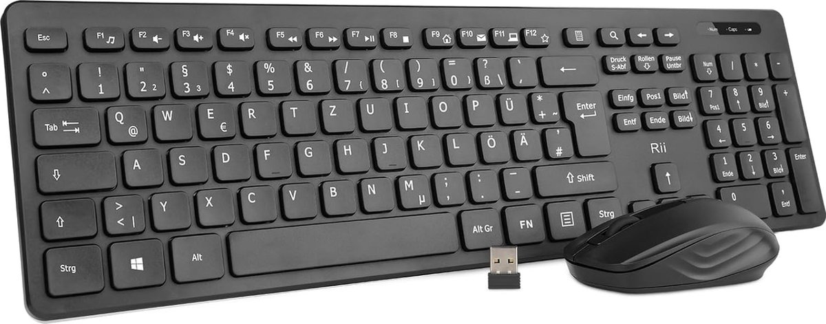 Rii Draadloos toetsenbord met muis, toetsenbord en muis, draadloos voor pc/laptop/Windows/Smart TV, Duitse lay-out - zwart