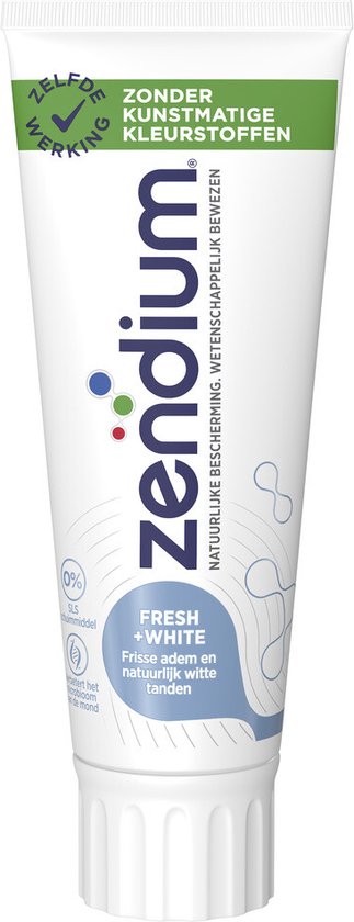 Zendium Fresh+White tandpasta met blauw-wit patroon op de tube. Bevat 0% SLS.