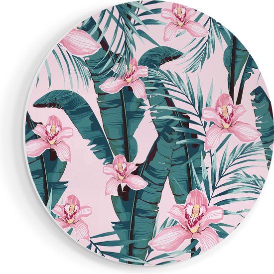 Artaza Forex Muurcirkel Tropische Roze Zomer Bloemen Met Bladeren - 80x80 cm - Groot - Wandcirkel - Rond Schilderij - Wanddecoratie Cirkel