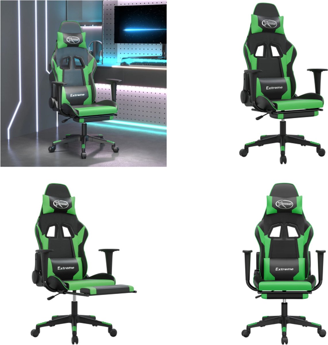 vidaXL Gamestoel - met - voetensteun - kunstleer - zwart - en - groen zwart en groen