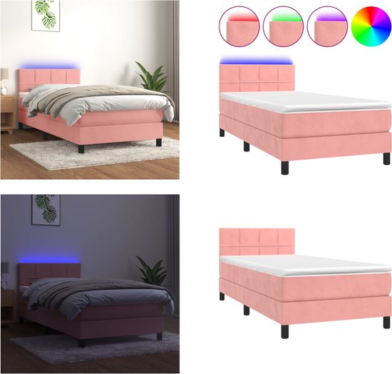 vidaXL Boxspring met matras en LED fluweel roze 100x200 cm - Boxspring - Boxsprings - Bed - Slaapmeubel