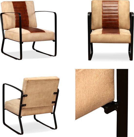 vidaXL Loungestoel echt geitenleer en canvas bruin - Stoel - Stoelen - Loungestoel - Loungestoelen