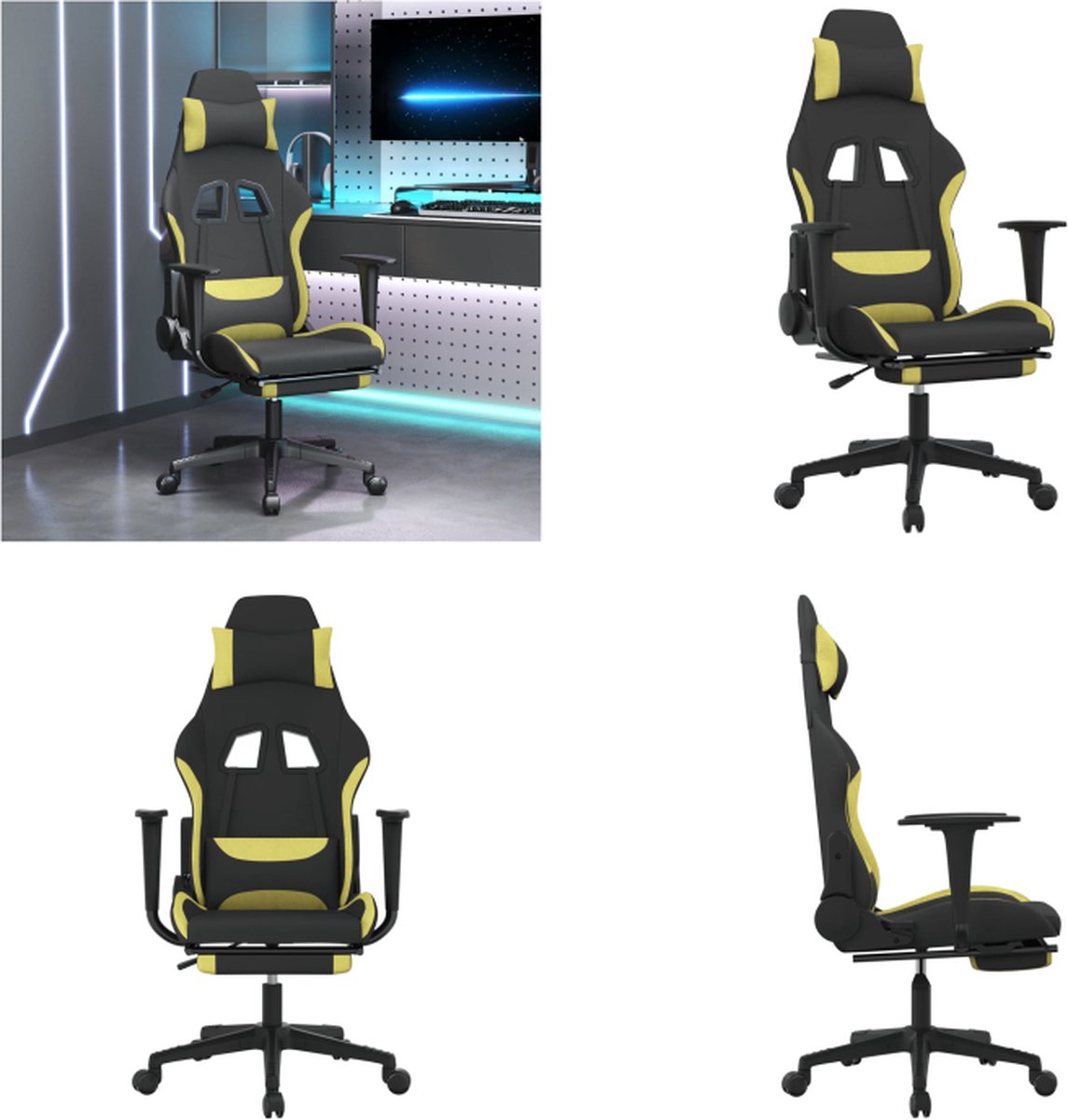 vidaXL Gamestoel met voetensteun stof zwart en lichtgroen - Gamingstoel - Gamingstoelen - Televisiestoel - Racingstoel