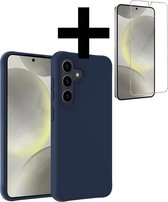 Hoesje Geschikt voor Samsung S24 Hoesje Siliconen Case Met Screenprotector - Hoes Geschikt voor Samsung Galaxy S24 Hoes Siliconen - Donkerblauw.