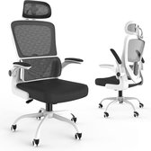 Ergonomische bureaustoel, thuiskantoor bureaustoel met lendensteun en opklapbare armleuningen, high back mesh bureaustoel met verstelbare hoofdsteun (wit)