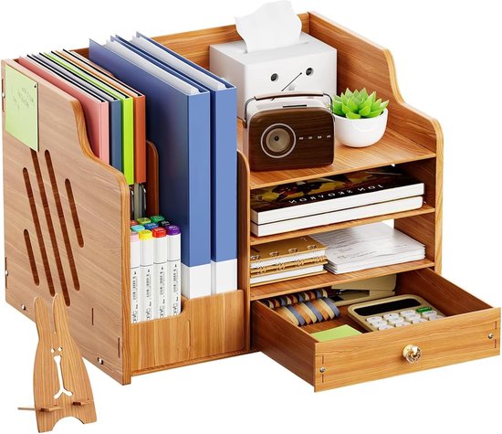 Organiseur De Bureau En Bois Grande Capacité - Rangement Documents A4, Livres Et Fournitures (Bois De Cerisier)