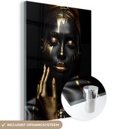 MuchoWow® Glasschilderij 90x120 cm - Schilderij acrylglas - Vrouw - Abstract - Zwart - Goud - Portret - Foto op glas - Muurdecoratie woonkamer - Wanddecoratie slaapkamer - Schilderijen