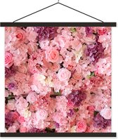 Posterhanger incl. Poster 40x40 cm - Schoolplaat - Bloemen - Roze - Rozen - Textielposter - Zwarte latten