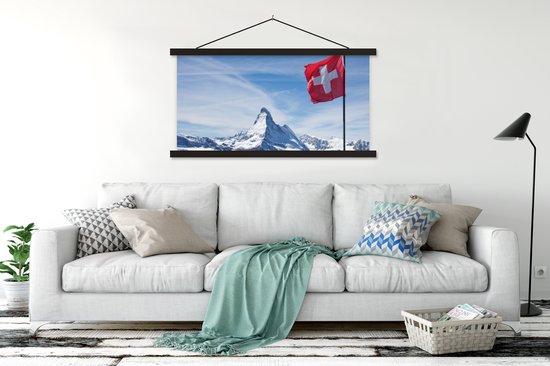 Porte-affiche avec affiche - Affiche scolaire - Drapeau suisse au Cervin en Suisse - 120x60 cm - Lattes noires