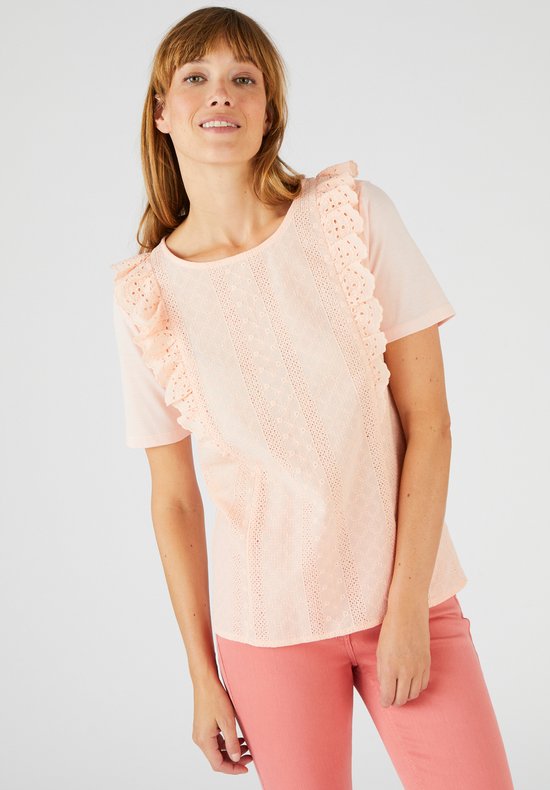 Damart - T-shirt van 2 stoffen met Engels borduurwerk - Dames - Roze - S
