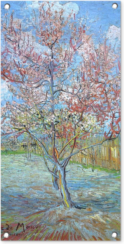 Tuinposter De roze perzikboom - Vincent van Gogh - 40x80 cm - Wanddecoratie Buiten - Tuinposter - Tuindoek - Schuttingposter - Tuinschilderij