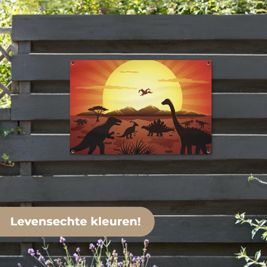 Posters de jardin extérieur Dino - Soleil - Nature - Dessin - Enfants - Garçons - 90x60 cm - Toile jardin - Affiche extérieure