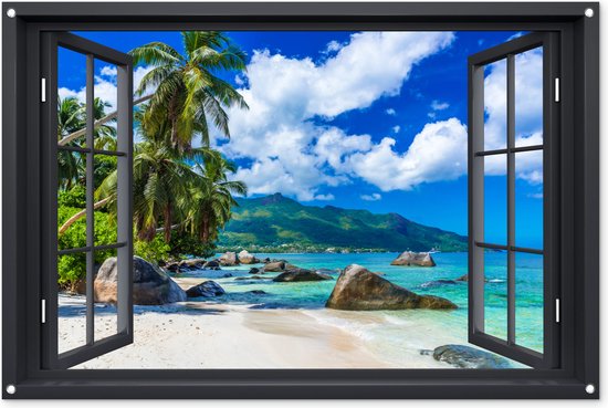 Tuinposters - Tuindecoratie - Doorkijk - Strand - Tropisch - Zomer - 120x80 cm - Tuin decoratie - Schutting decoratie - Tuinposter - Schuttingdoek - Buitenposter - Tuinversiering - Balkon decoratie - Tuinschilderij