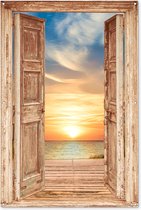 Tuinposter 120x180 cm - Zonsondergang - Doorkijk - Natuur - Zon - Landschap - Zee - Lichtbruine deur - Tuindecoratie voor buiten - Schutting decoratie - Muurdecoratie - Tuin schilderij - Tuindoek - Buitenposter