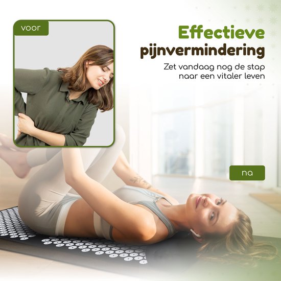 Vrouw met rugpijn en daarna liggend op een spijkermat. Tekst: Effectieve pijnvermindering, Zet vandaag nog de stap naar een vitaler leven.