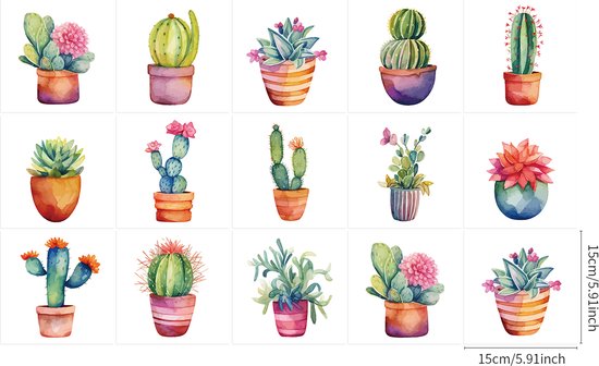 Ulticool Décoration carrelages Autocollant - Cactus Plante en Pot - 15x15 cm - 15 pièces Autocollants de Carrelage en Film Adhésif Stickers muraux - Carrelage Autocollant - Sticktiles - Salle de Bain - Cuisine