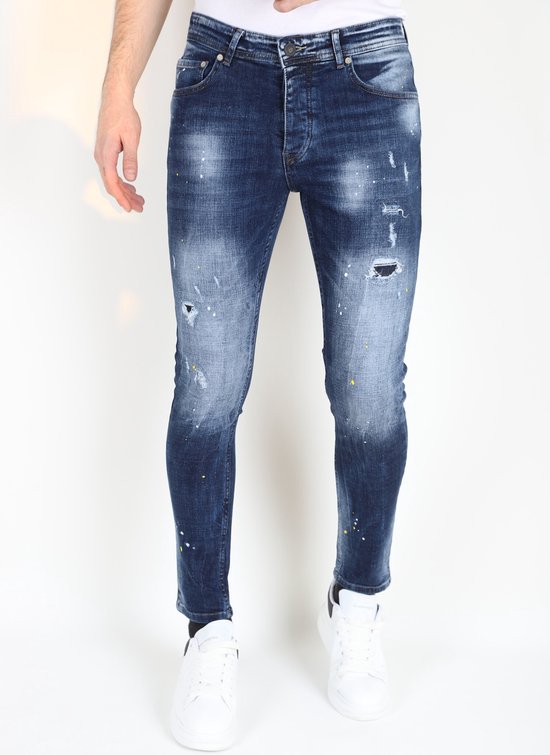 Jeans éclaboussures de peinture pour hommes, coupe slim avec trous -MM116- Blauw