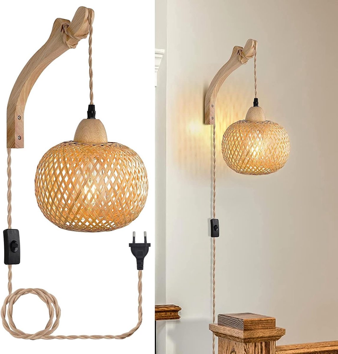 Wandlamp Binnen Houten Retro Bamboe Lantaarn, E27 Creatieve Henneptouw Rieten Wandlamp Met Stekker En Schakelaar, Handgeweven Rotan Wandlamp Voor Slaapkamer Keuken (Zonder gloeilamp) [Energieklasse A]