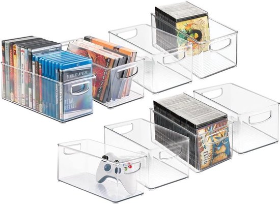 Set van 8 dvd-opbergdozen - Handig opbergsysteem met handgrepen voor dvd's, cd's en videogames - Stapelbare plastic doos - Doorzichtig