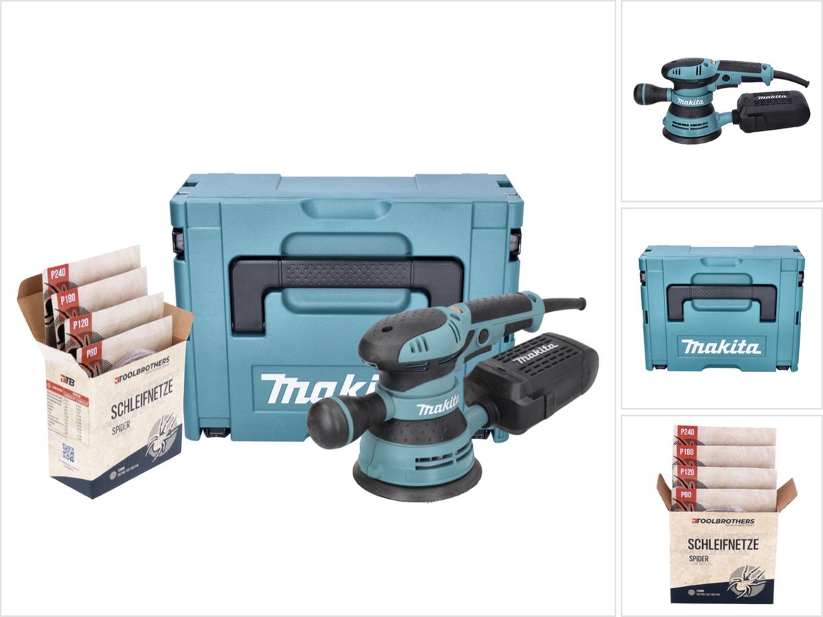 Makita BO 5041 J Excentrische schuurmachine 300 W 125 mm + Toolbrothers SPIDER schuurset Mesh schuurpapier + Makpac