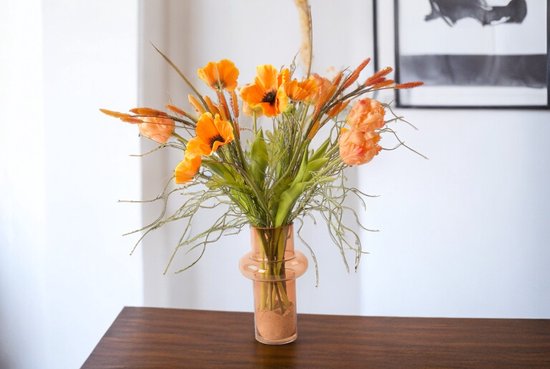 WinQ -Veldboeket - Zijden bloemen compleet in Oranje - Inclusief Glasvaas- Plukboeket van kunstbloemen – Veldboeket compleet met glasvaas