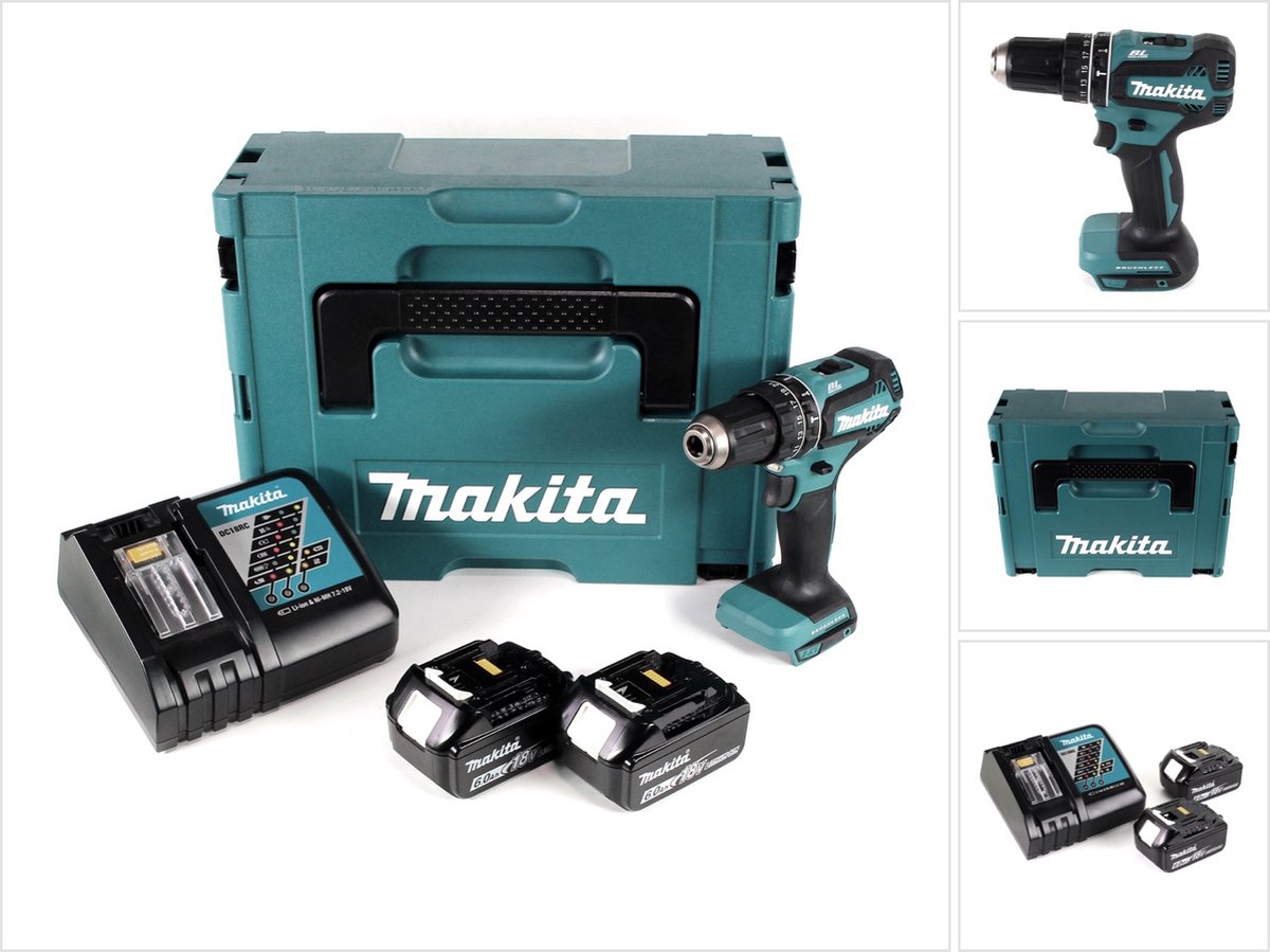 Makita DHP 485 RGJ accu-klopboormachine 18 V 50 Nm + 2x accu 6,0 Ah + snellader + Makpac