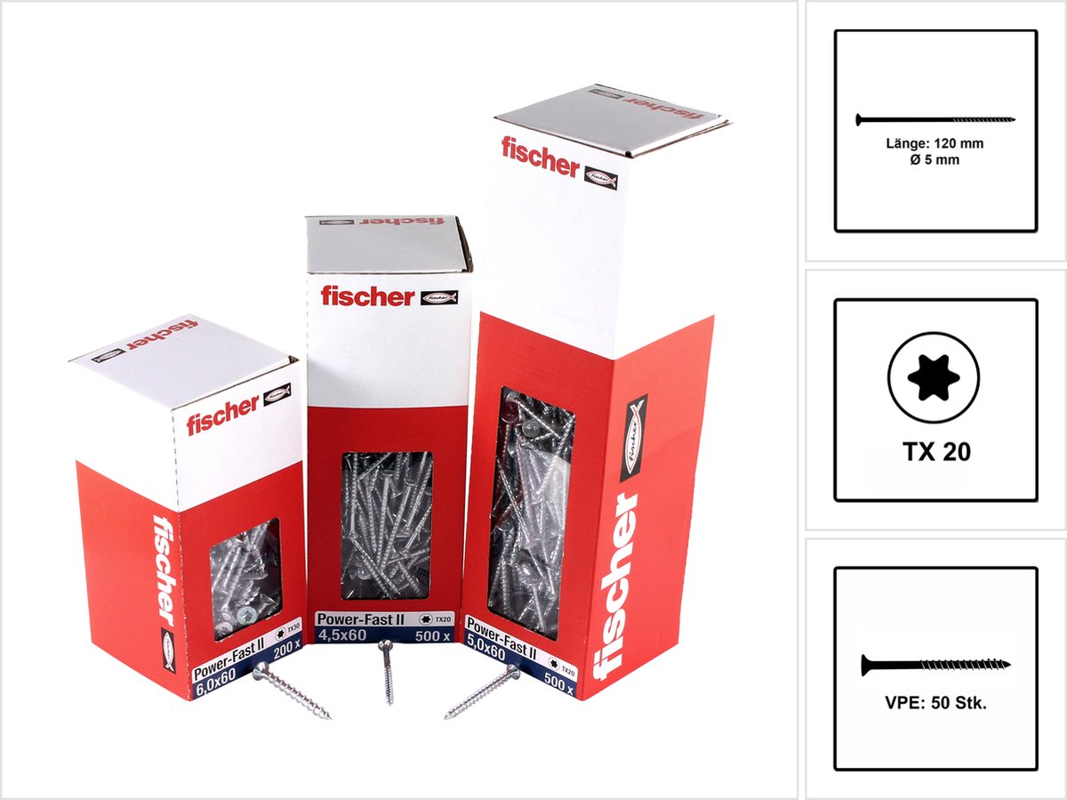 Fischer 50x Power-Fast II FPF II CTP 5 x 120 mm BC verzonken kop met binnenster TX20 deeldraad gegalvaniseerd blauw gepassiveerd - 670674